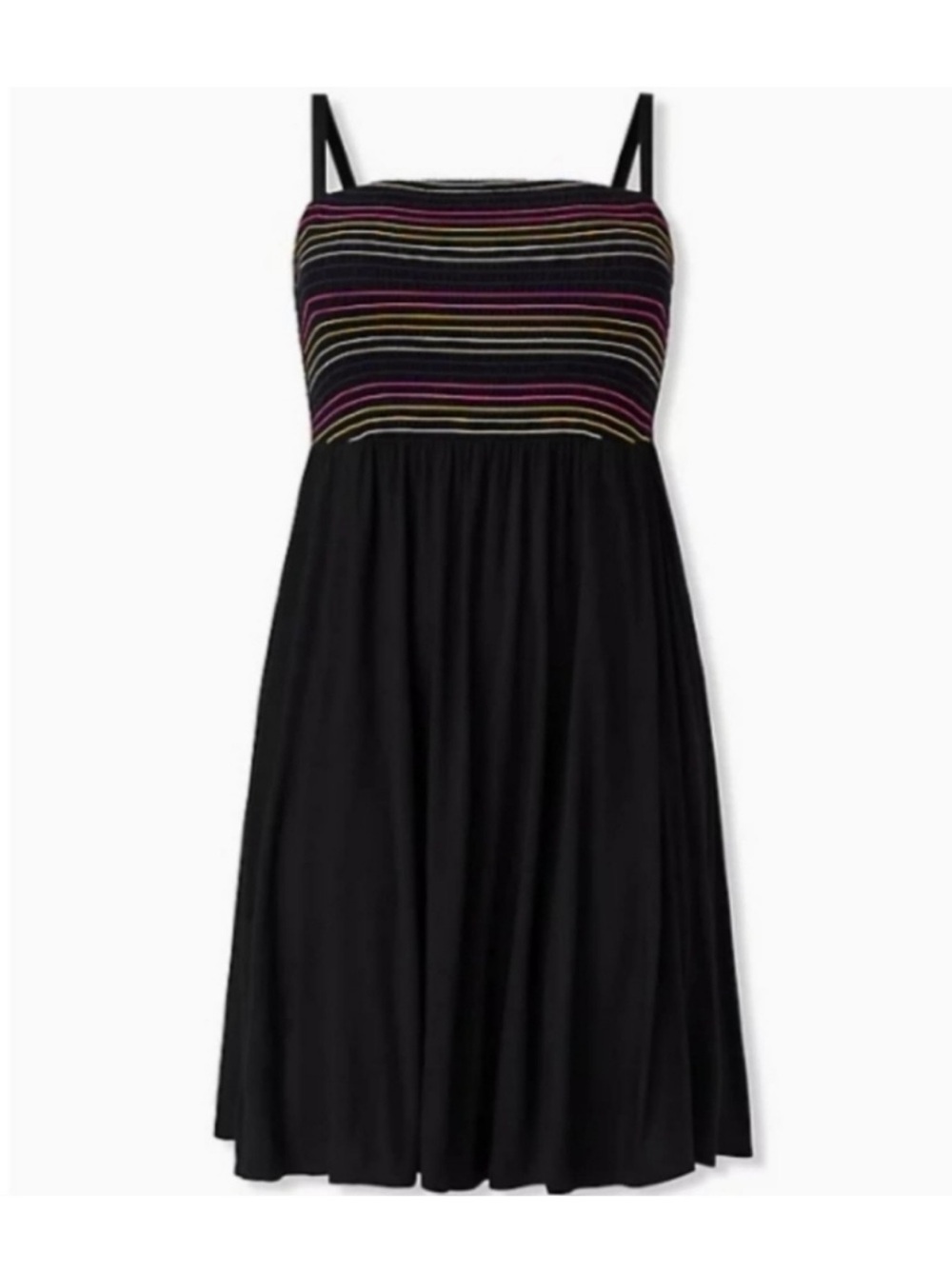 Torrid 1X Super Soft Black & Rainbow Stripe Smocked Skater Dress